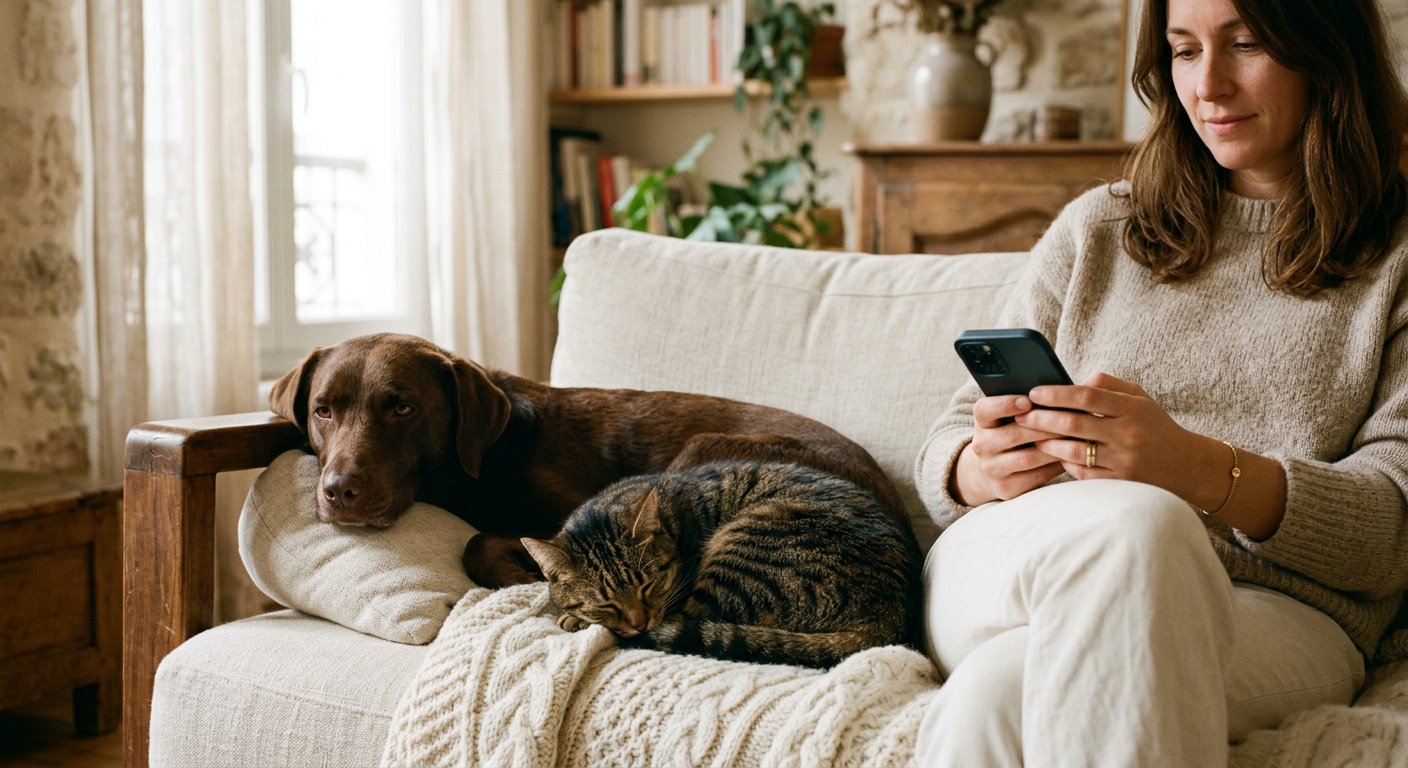 Une femme installée sur son canapé avec son chien et son chat, téléphone à la main