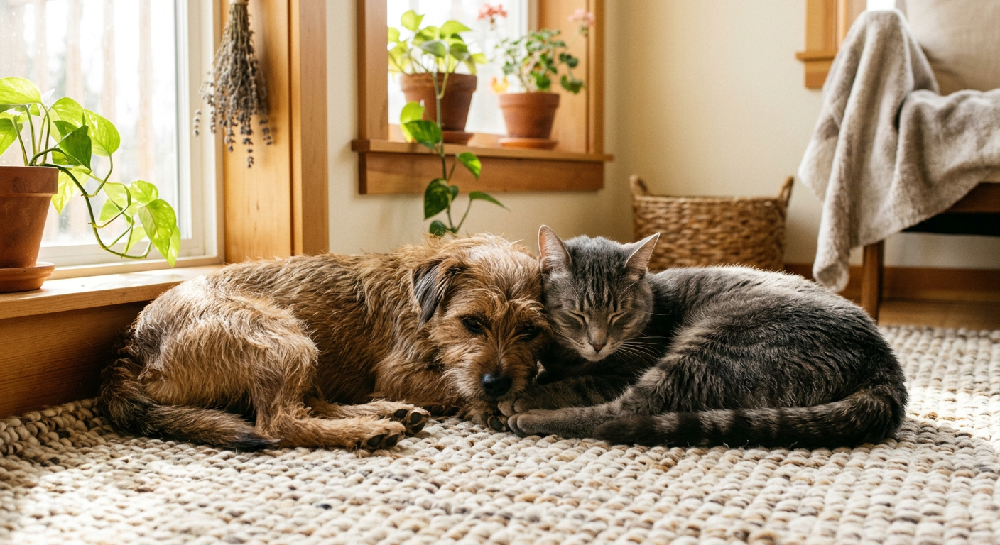 Un chien et un chat qui se reposent ensemble près d'une fenêtre